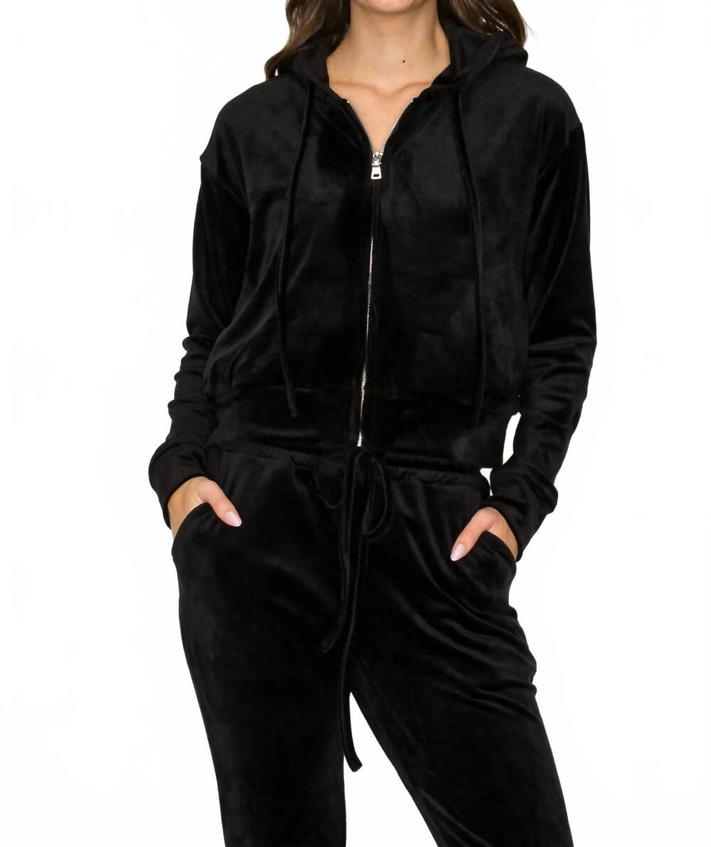 NEW KNIT RIOT classic velour zip hoodie in black